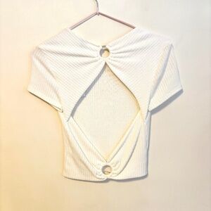 Windsor Y2K Open Back Short Sleeve Ribbed Crop Top Baby Tee Cream Small NWT